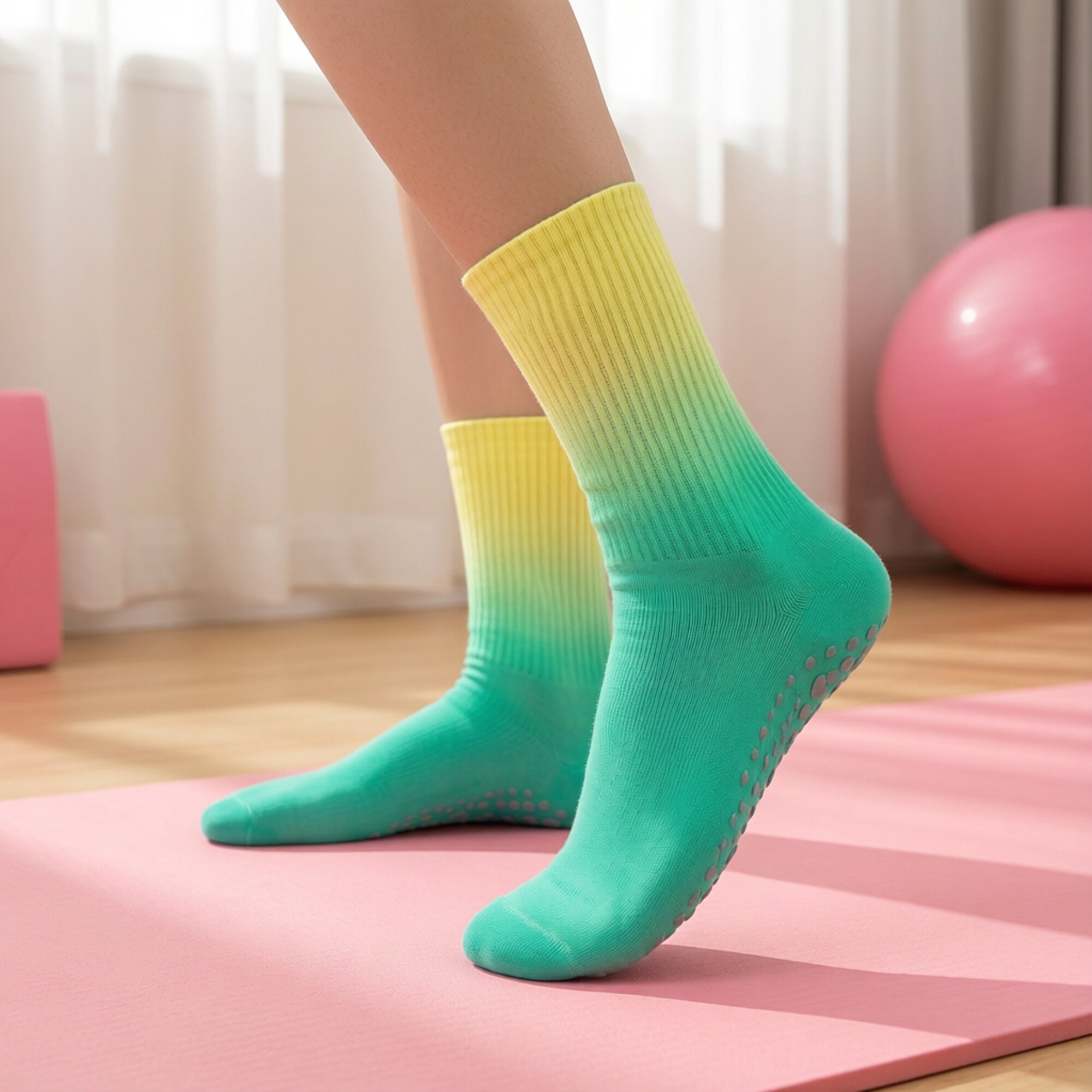 扎染彩色拼色普拉提袜子 防滑室内运动瑜伽袜 专业女中筒夏季薄款