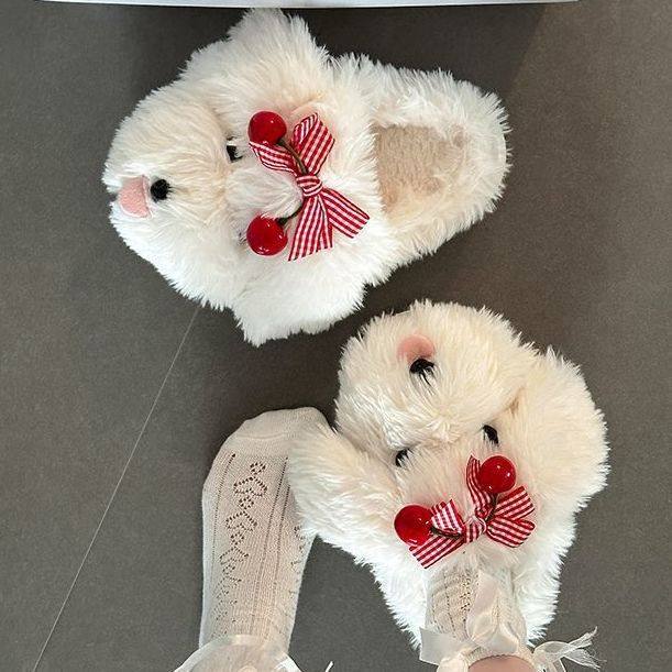 可爱卡通樱桃蝴蝶结垂耳狗毛毛拖鞋女2025秋冬新款外穿保暖棉拖鞋,女鞋,毛毛鞋,淘宝优惠券,粉丝福利购,淘宝优惠卷