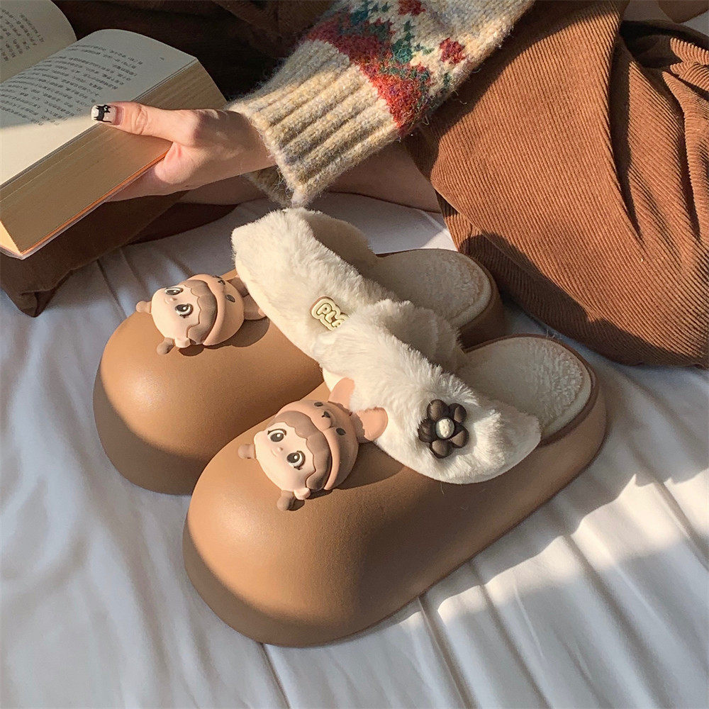 竹天帛新款女士可爱卡通小女孩棉拖鞋冬室内外两穿可拆卸居家棉鞋