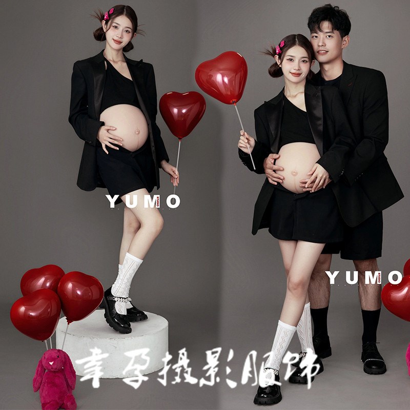 速发影楼情侣孕妇新题拍照主款冷酷高级感黑色套装术妈咪艺孕照摄