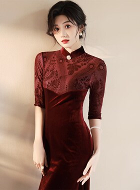 速发新中式红色旗袍中国风丝绒植绒高日优雅气质尾良鱼改裙端常
