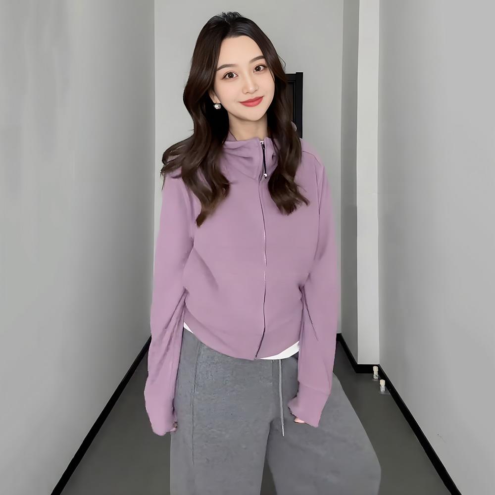 大码慵懒紫色德绒连帽卫衣女2024秋冬微胖mm宽松显瘦开衫外套上衣
