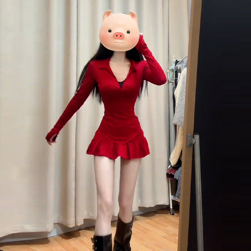 圣诞穿搭红色针织连衣裙子女秋冬季内搭打底包臀短裙新年战袍过年