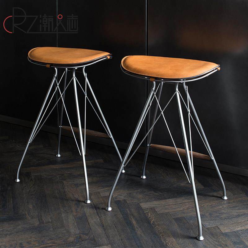 北欧轻奢吧凳设计师马鞍革高脚凳高椅子咖啡厅休闲 不锈钢吧台椅,住宅家具,家用高脚椅,淘宝优惠券,粉丝福利购,淘宝优惠卷