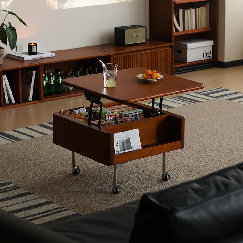 小万家具/覆古实木升降茶几可移动折叠小户型客厅卧室边柜小餐桌