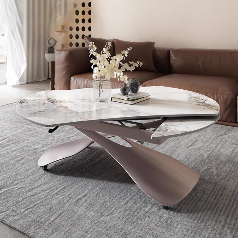 升降移动岩板茶几餐桌两用一体家用客厅小户型多功能可变圆形旋转