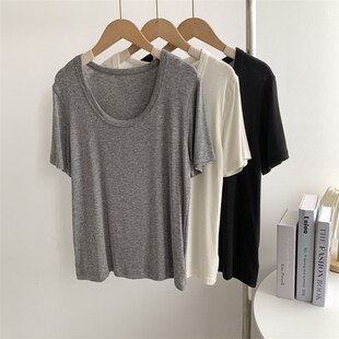 速发力丝胸领T恤纯欲风薄款 弹天宽松百搭显U上衣