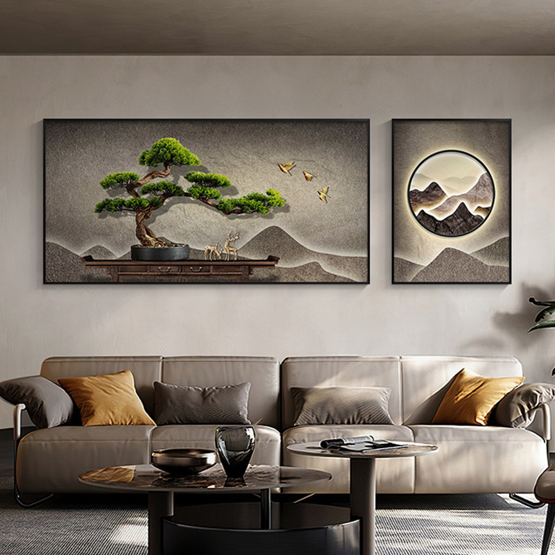 速发新中式客厅装饰画迎客松寓意好沙发合景墙挂画级高感两联组背