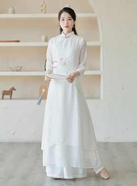 速发茶服禅意文风中裙艺茶艺师服装旗袍连衣国中式工作服汉服套装