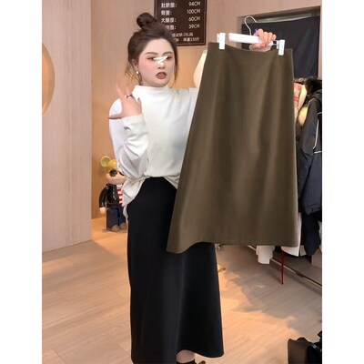 速发大码小个子中长款a字裙子秋冬款微高腰加厚毛呢半身裙