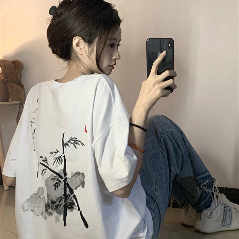 速发后背水墨袖花白色纯棉t恤夏小闲宽松休众国风复古半印上衣