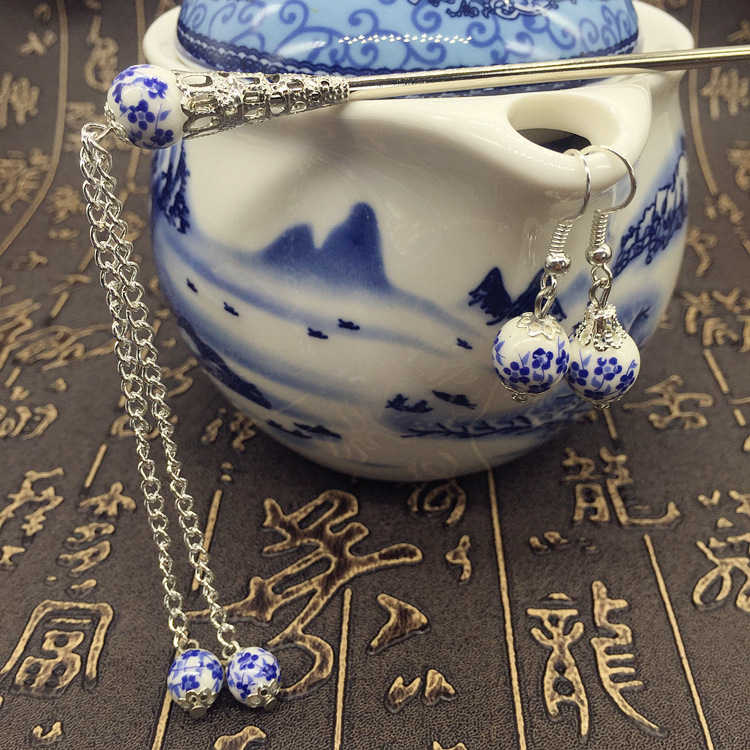 古典陶瓷发簪套装女民族风复古头饰梅花青花瓷珠花朵发钗古风发饰