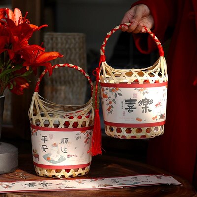 热销2025端午新款年货礼盒新年包装盒手提竹篮子烘焙饼干糖果干货