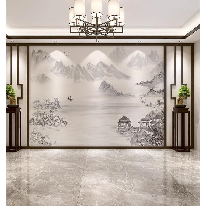 热销新中式意境水墨山水画竹木纤维集成墙板电视背景墙客厅沙发护