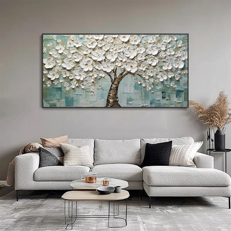 大芬村纯手绘油画抽象发财树花卉客厅横版装饰画立体卧室轻奢挂画图片