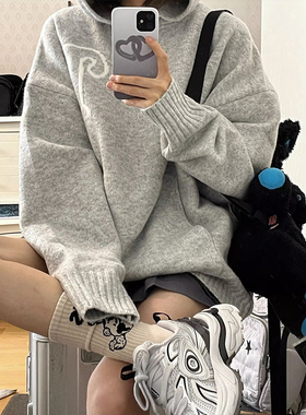 速发慵式美懒风灰色连帽卫衣毛衣秋冬220季新款宽松针织衫外套上