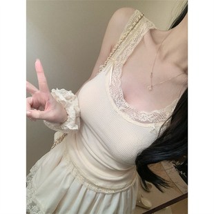 速发新品 茶透楠楠 微糯清纯双生蕾丝奶酪格软艺吊带背心上衣夏