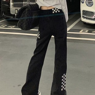 速发黑色微秋牛仔裤春阔新款胖妹妹高腰遮胯棋盘格喇腿裤