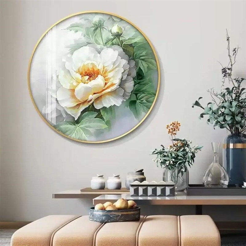 速发新中式圆形富贵牡丹玄关装饰画入户走廊过道挂画客餐厅背景墙图片