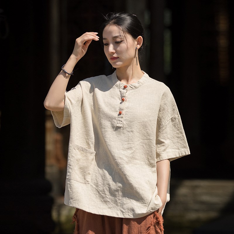 速发棉麻装上衣夏季新款 高端苎麻撞色盘扣茶服文艺复古禅意T恤
