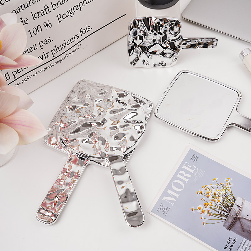 速发精纹高级手持手金属波致化妆镜镜持可携式补妆小镜子高清迷你