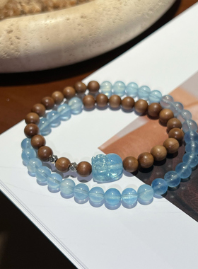 【山海】天然海蓝宝迈索尔老山檀双圈手串S925复古银高级小众手链