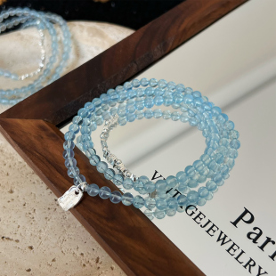 天然高品海蓝宝三圈手串S925纯银ins风高级精致手链女 那片海