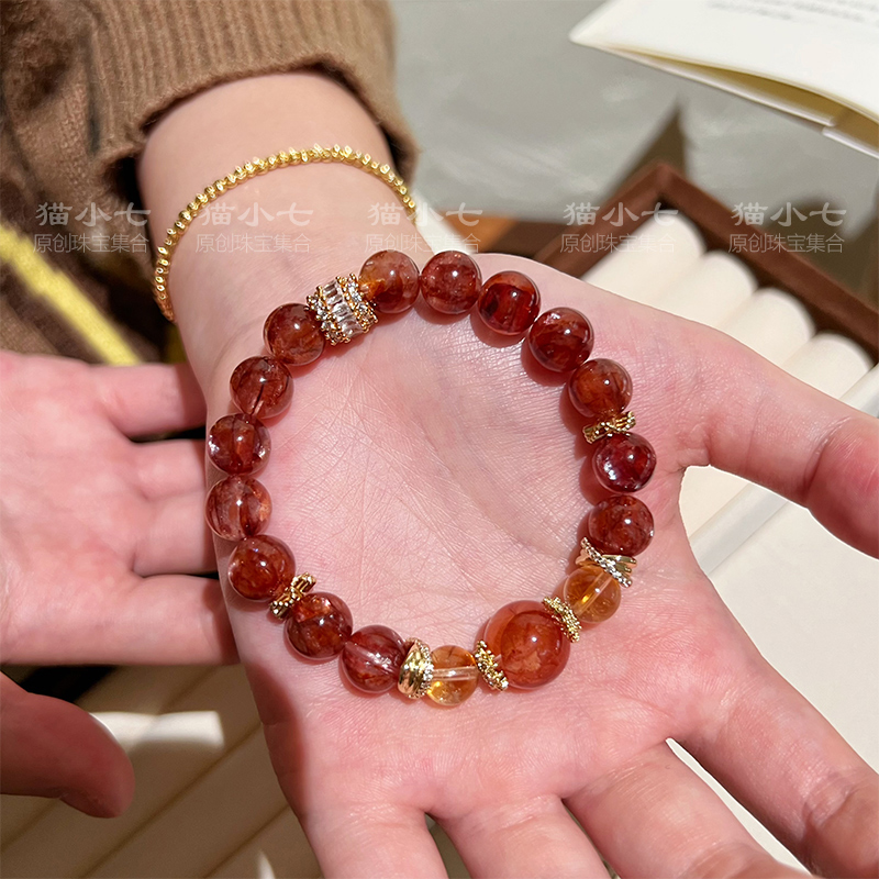 【玫瑰庄园】天然红胶花手串黄水晶招财转运小众高级精致水晶手链