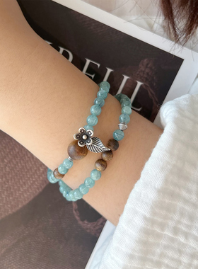 【烟雨】天然蓝绿晶手串S925纯银奇楠沉香新年高级精致水晶手链女