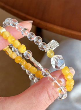 【半糖】天然白水晶蜜蜡双圈手串鸡油黄随形S925银金发晶手链女款
