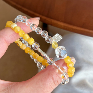 【半糖】天然白水晶蜜蜡双圈手串鸡油黄随形S925银金发晶手链女款