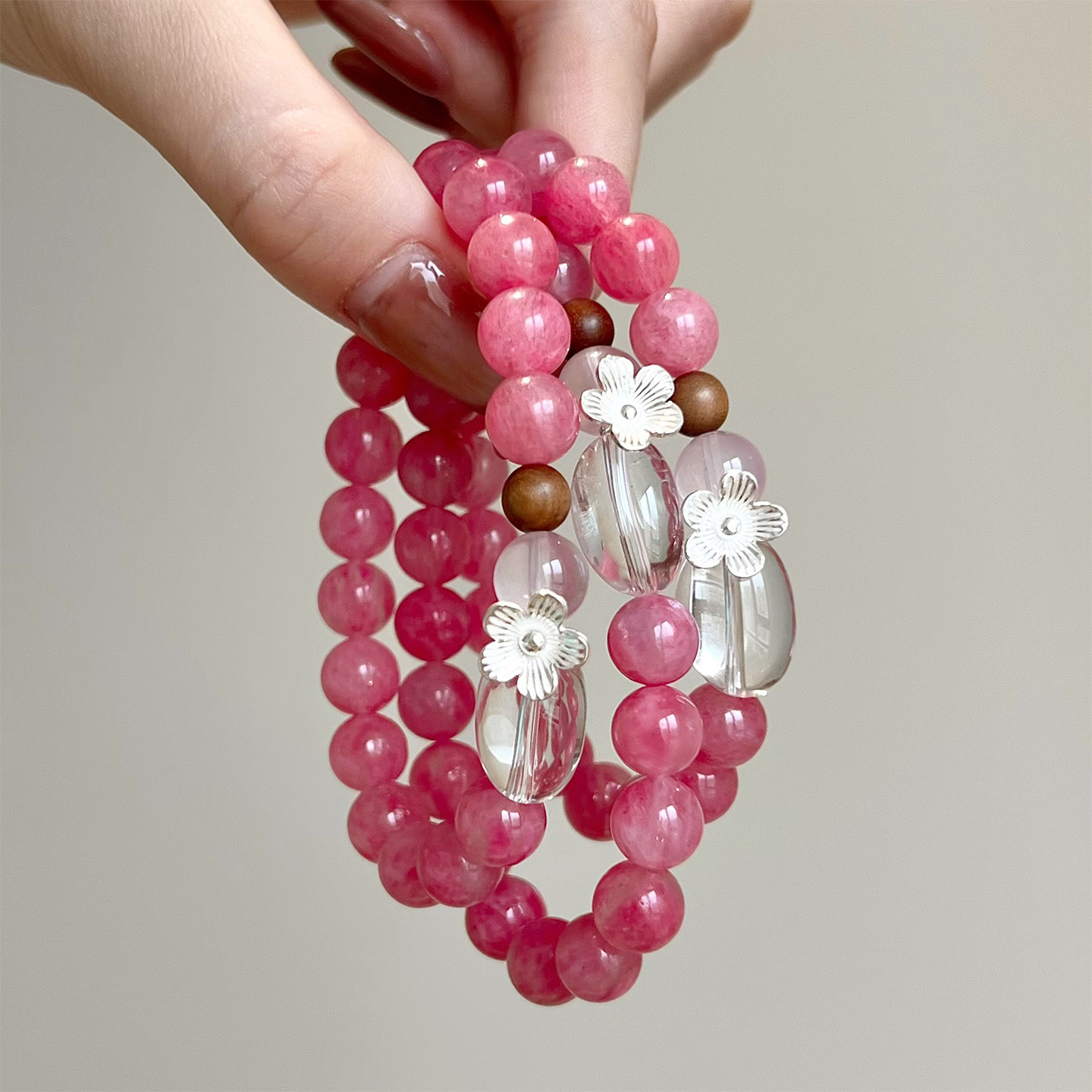 【蔷薇雨】天然蔷薇辉石手串S925纯银老山檀白水晶粉水晶高级手链