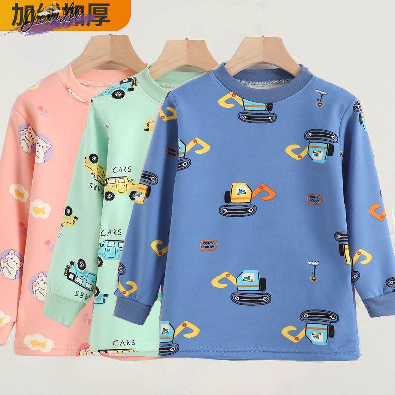 速发儿童单睡保暖内衣加绒加厚男童童中大童秋带中领冬绒上衣件衣