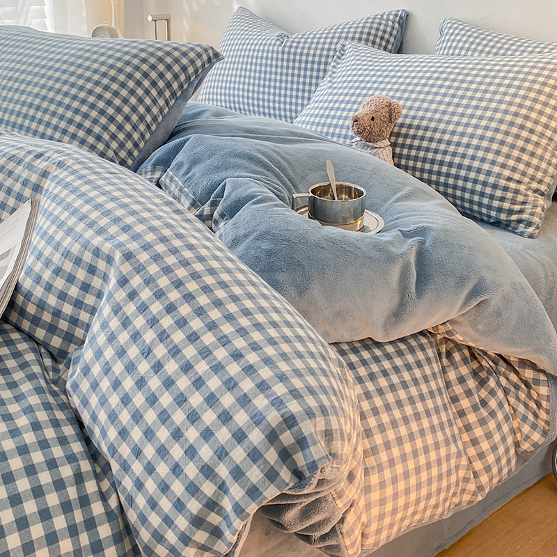 速发绒瑚牛奶珊床上四件套冬季格子A全B纯棉棉法兰绒面三件套