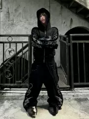 Saxgenwon「Sgw」Silver Thorn Velvet Stripe Print Rivet Sweatshirt Jacket Double Waistband Sweatpants Set