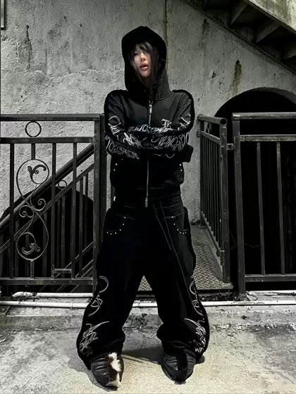 Saxgenwon「Sgw」Silver Thorn Velvet Stripe Print Rivet Sweatshirt Jacket Double Waistband Sweatpants Set