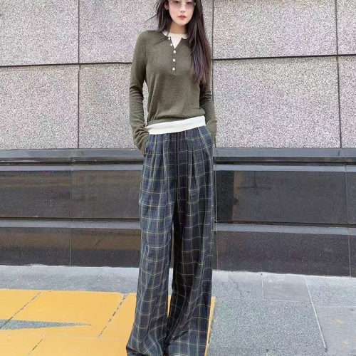复古格纹松紧高腰系绳阔腿休闲裤