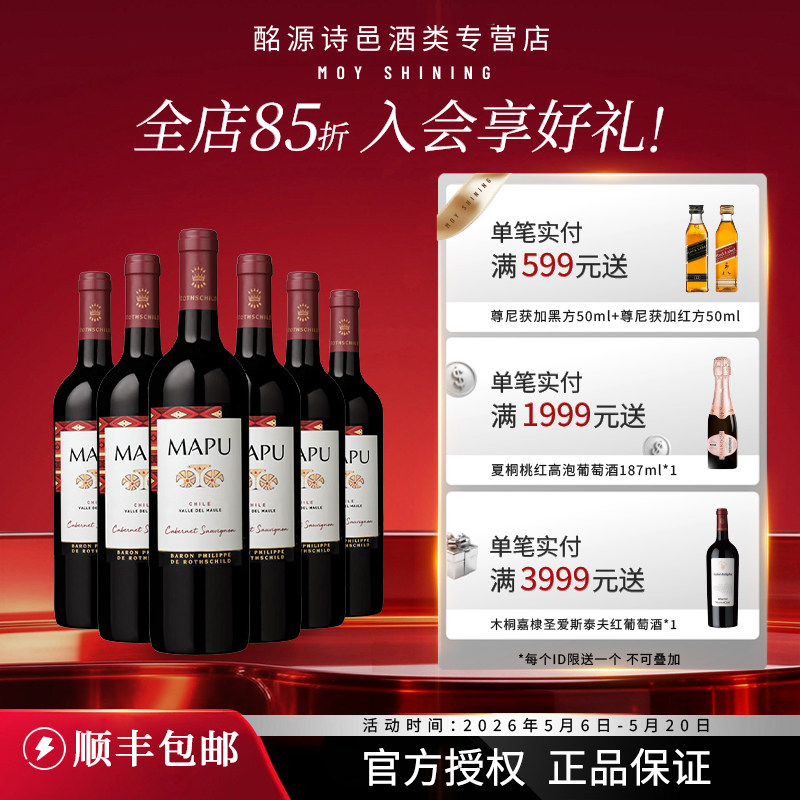 轩尼诗红酒智利原瓶大地赤霞珠干红葡萄酒6支装红酒整箱 顺丰包邮