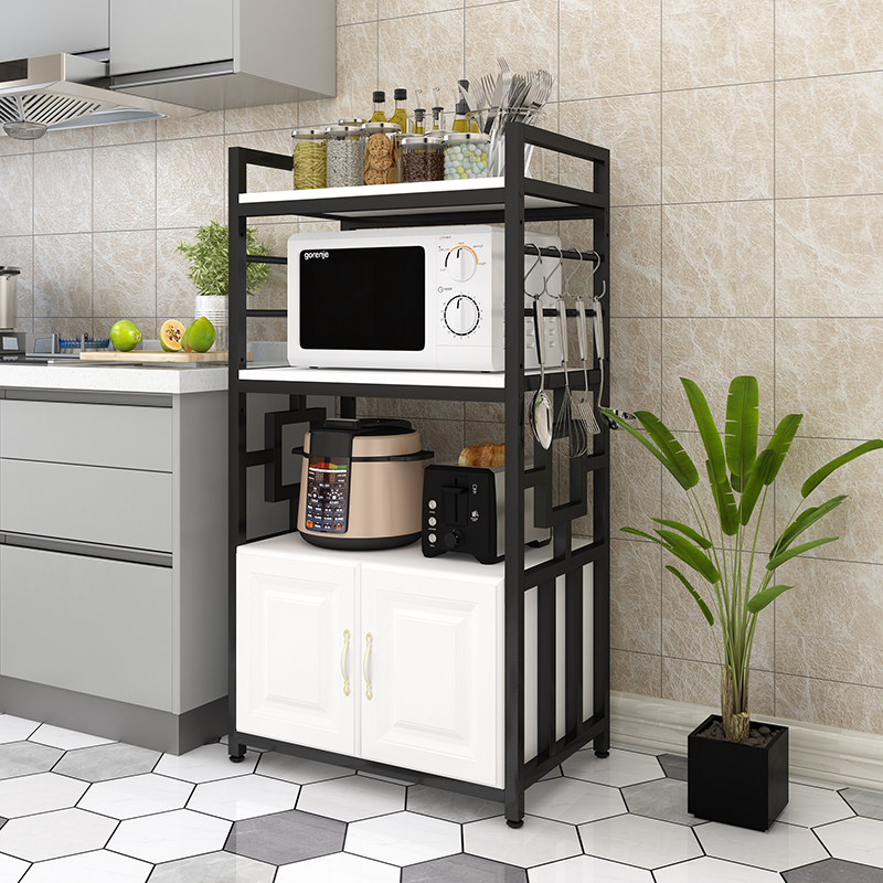 欧式厨房置物架落地微波炉架家用收纳储物柜带柜门多X层调料烤箱