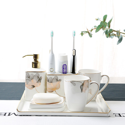 轻奢卫浴洗漱用品套装陶瓷五件套欧式骨J瓷卫生间浴室牙刷牙漱口