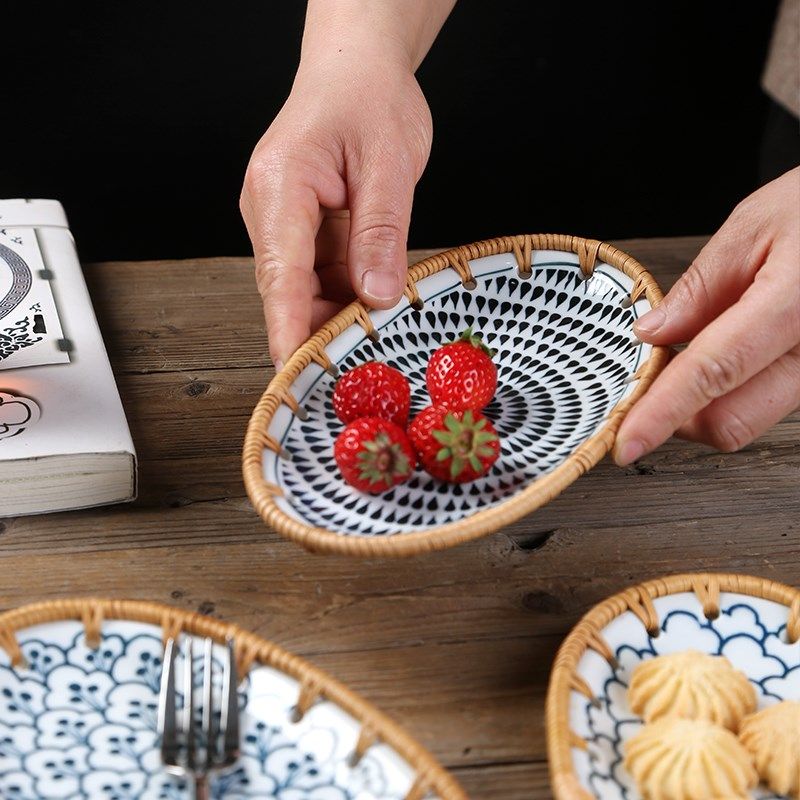 日式藤编水果盘陶k瓷点心盘下午茶小吃盘家用客厅椭圆托盘零食碟,餐饮具,盘,淘宝优惠券,粉丝福利购,淘宝优惠卷