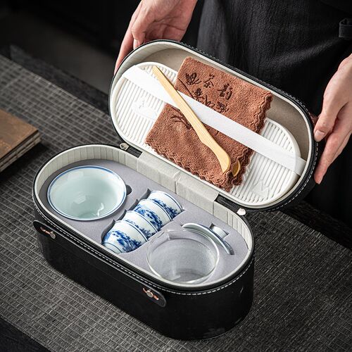 青花瓷盖碗旅行茶具便携式快客杯户外旅游随O身功夫茶杯泡茶壶套