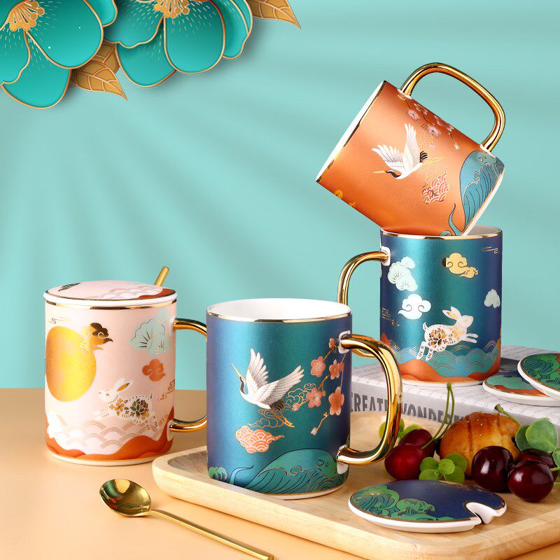 创意个性国c潮马克杯男女水杯办公室茶杯家用陶瓷杯带盖勺早餐杯