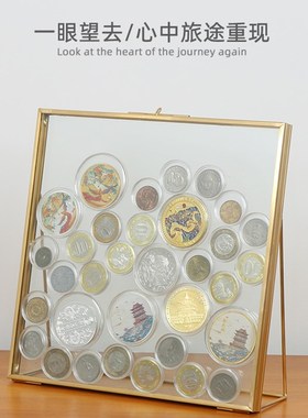 旅游纪念币展示框k 硬币收纳架 金属相框玻璃透明画框复古画框摆