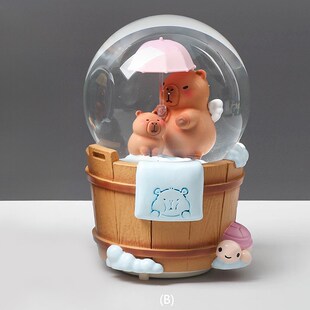 网红新款卡皮巴拉水晶球音乐盒马车发光飘雪八音盒X摆件学生礼物