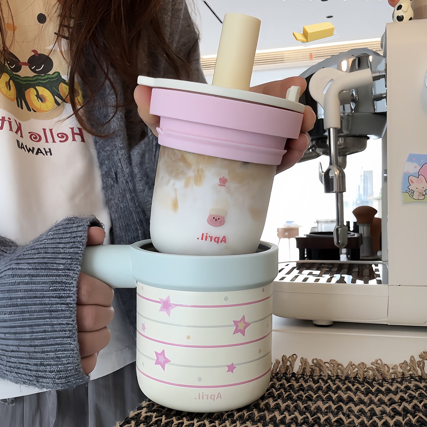 April玻璃内胆保温杯吸管水杯女高颜值两用杯子办公室喝水马克杯