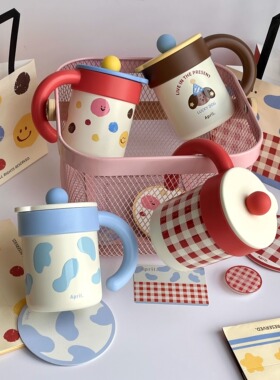 April 不锈钢儿童敞口水杯可爱家用喝水杯带盖陶瓷杯马克杯带手柄