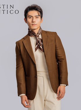 意式Marzotto面料休闲单排扣羊毛褐色鱼骨纹那不勒斯西装男外套