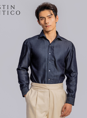 意式一片领长袖仿牛仔布休闲衬衫时尚高级简约那不勒斯肩袖南意风