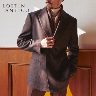 意式 秋冬复古棕色条纹创驳领双排扣商务休闲男西装